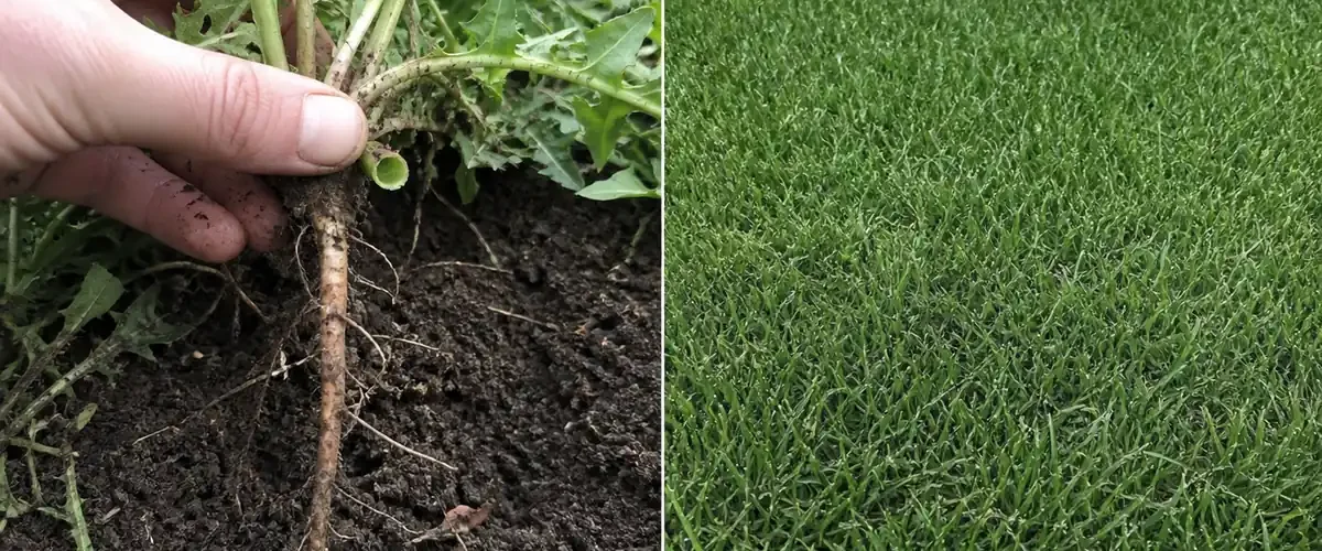 Dandelion taproot and seed heads before a dense clear garden patch afterward