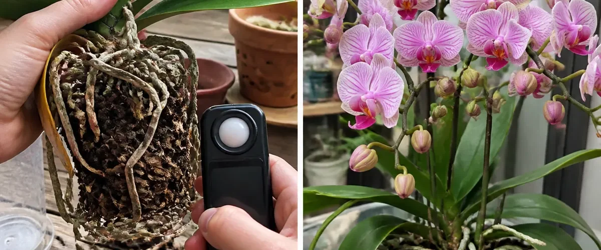 Bloomless orchid beside kitchen treatments before a healthy long flower display afterward