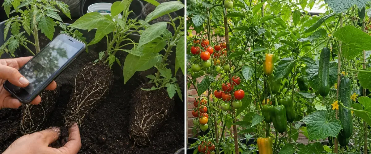 Stressed tomatoes peppers and cucumbers before strong healthy summer fruit afterward