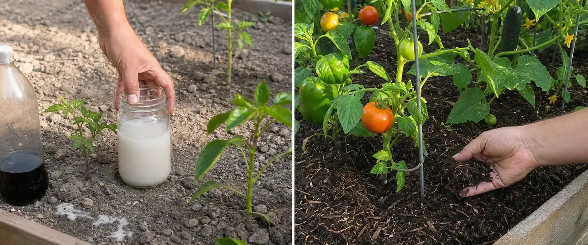 Before and after balanced vegetable soil care without a milk and soda drench