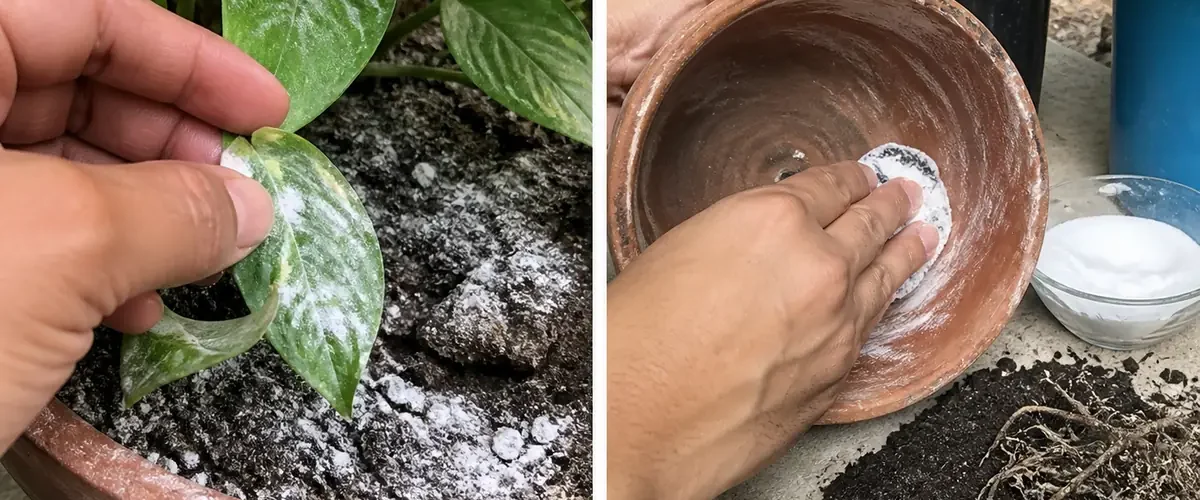 Baking soda misused near plants before safer cleaning of empty pots and tools