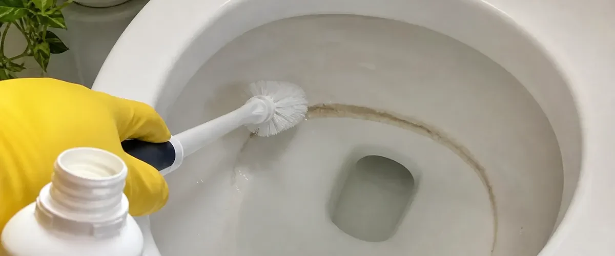 Toilet mineral ring before a clean bright bowl afterward