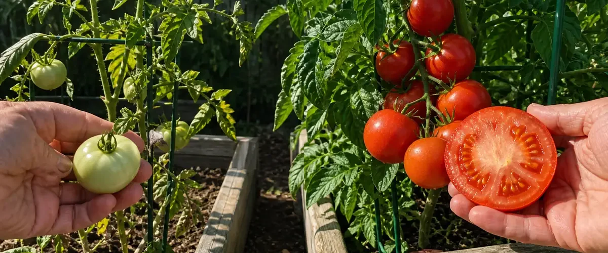 Before and after tomato care with healthy plants and ripe juicy tomatoes