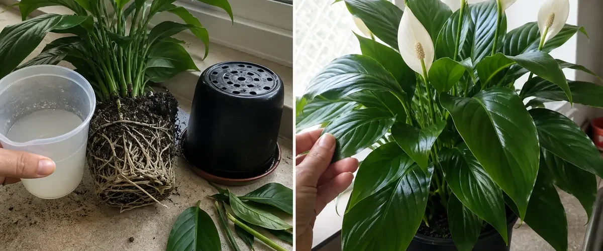 Weak peace lily and rice rinse before healthy leaves and white blooms afterward