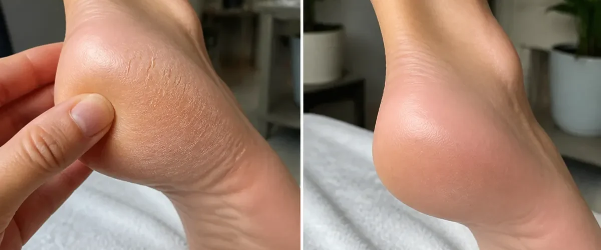Rough dry heel before a softer smoother heel after plain moisture care