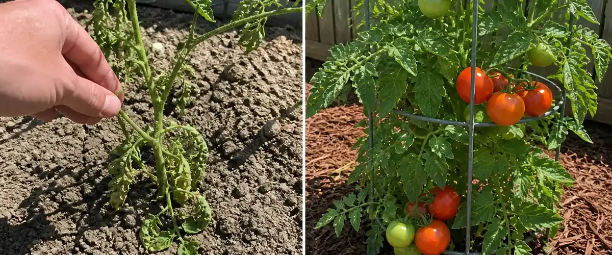 A weak tomato plant before routine care and after a generous summer harvest
