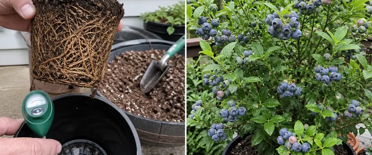 Weak blueberry in a small pot before a vigorous container harvest afterward