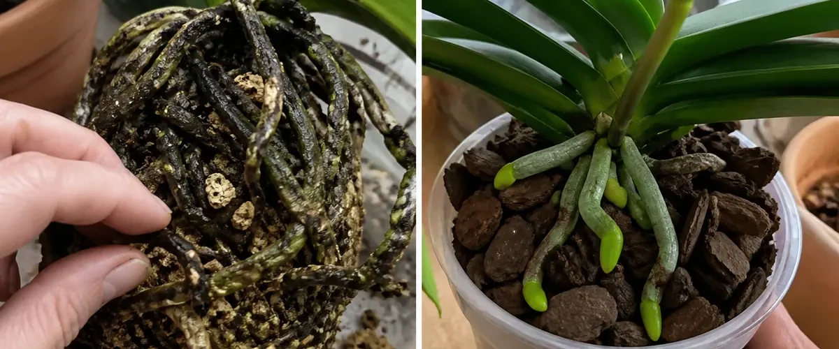 Potato residue around weak orchid roots before clean bark and healthy blooms afterward