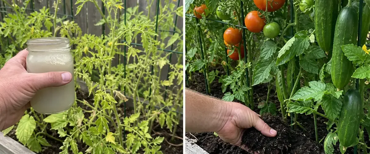 Before and after compost feeding for tomato and cucumber plants