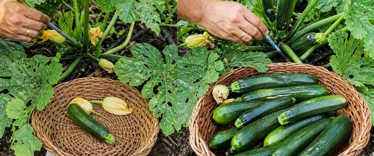 Sparse zucchini fruit before a frequent tender harvest afterward