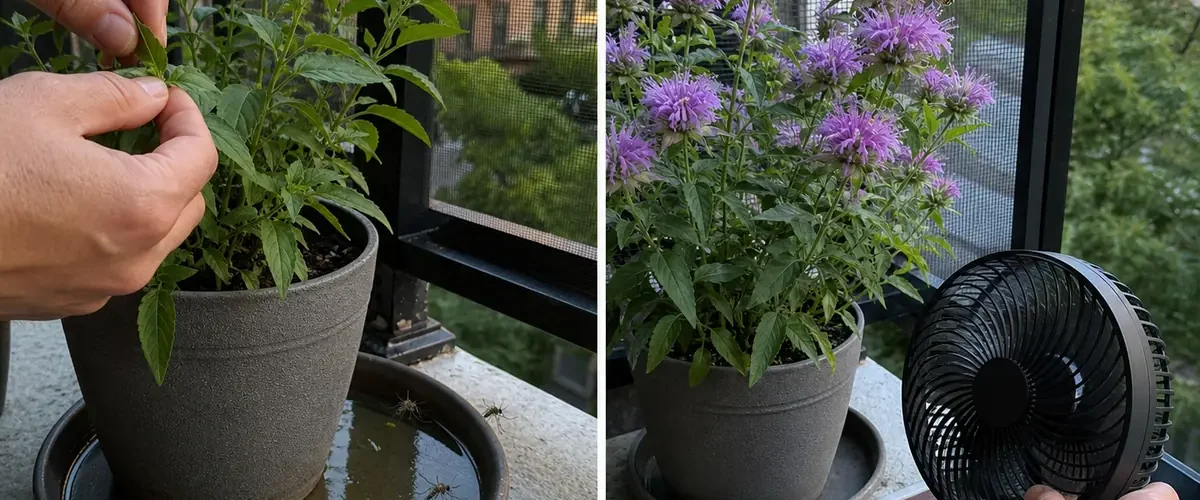 Wild bergamot on a balcony with practical mosquito prevention steps