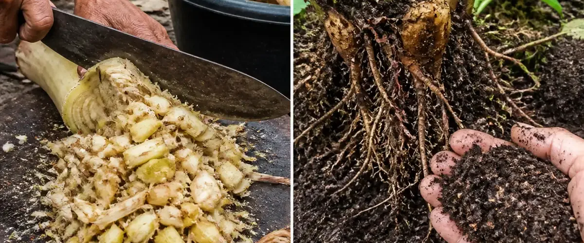 Banana stem fibers before composting and finished compost around healthy plants