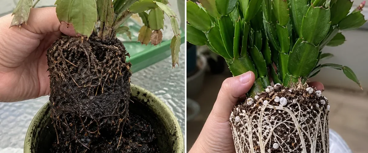 A drooping Christmas cactus before root care and after forming healthy flower buds
