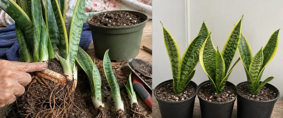 Crowded snake plant before three strong upright divisions afterward