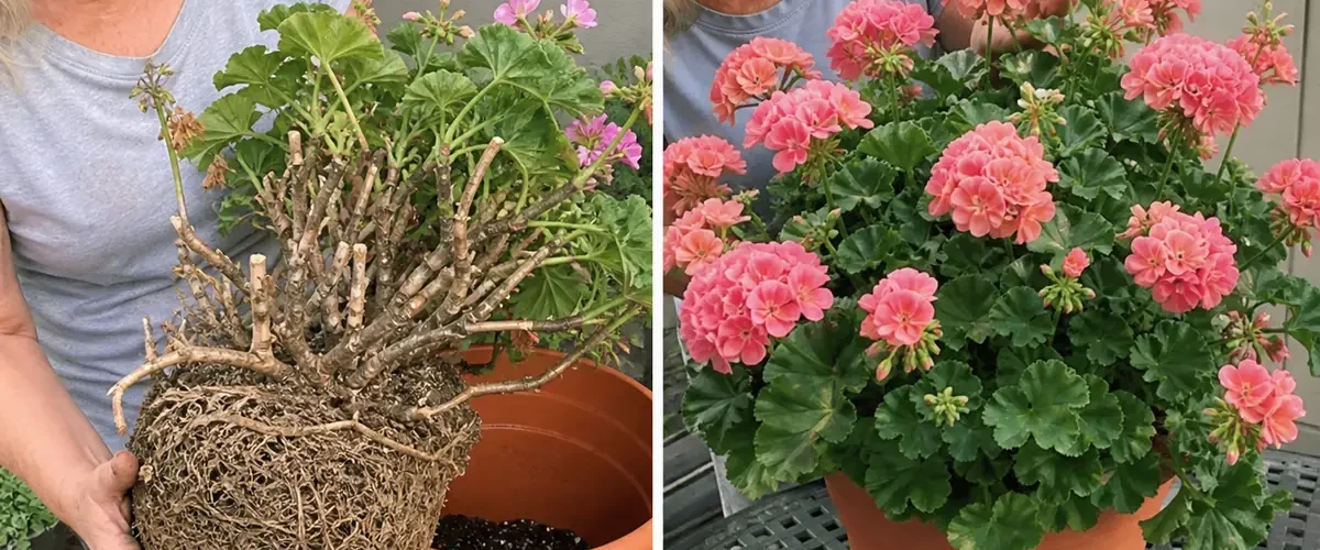 Fading geranium before repeated colorful bloom waves afterward