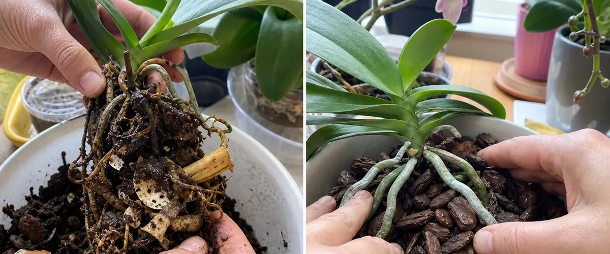 Before and after clean orchid feeding without raw kitchen scraps