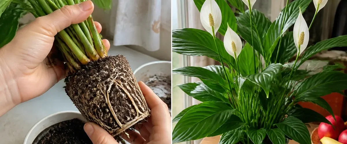 Drooping new peace lily before healthy leaves and white blooms afterward