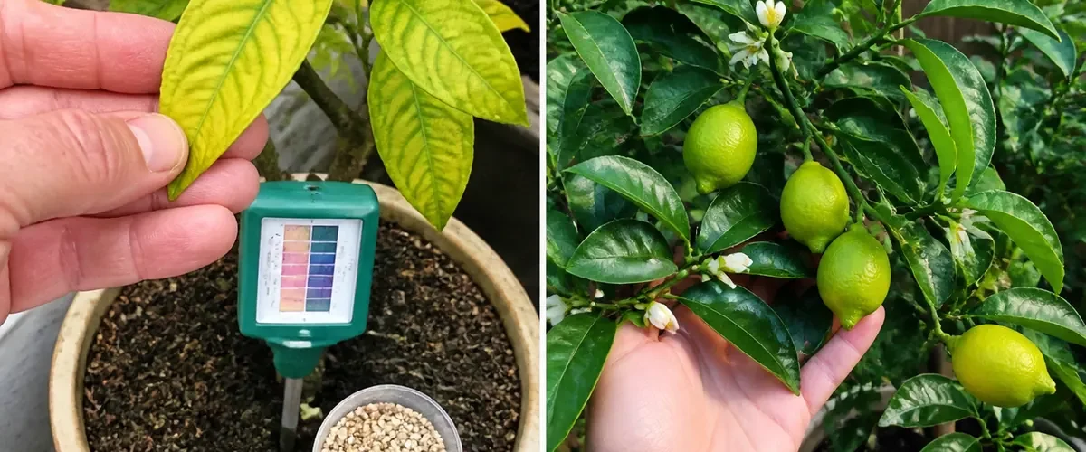 Pale lemon tree before balanced feeding produces healthy flowers and fruit afterward