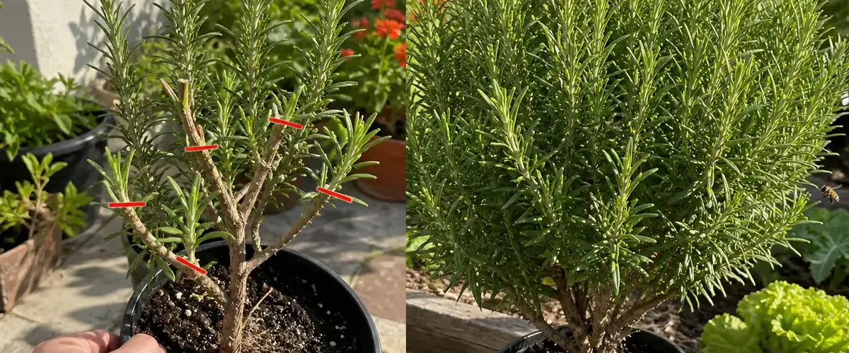 Thin rosemary before a dense fragrant plant with many tips afterward