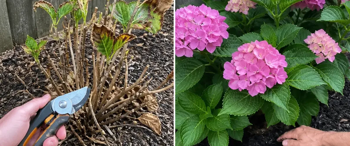 Before and after hydrangea care with healthy leaves and fresh flowers
