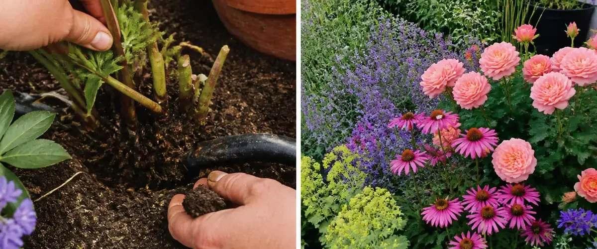 Sparse flower bed beside lentils before a rich seasonal garden bloom afterward