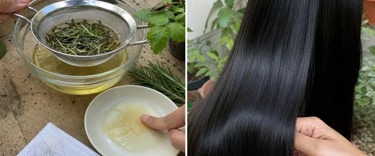 Strong herbal hair brew before a gentle rinse and shiny hair afterward