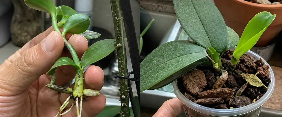Attached rooted orchid keiki before an established baby plant afterward