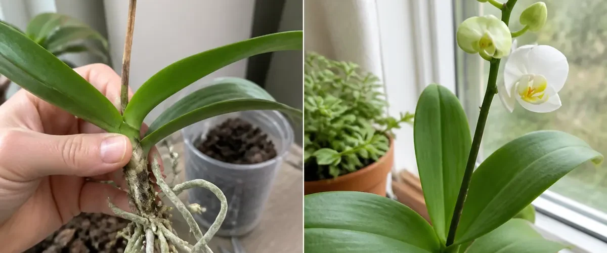 Bare orchid spike before and a natural rebloom after seasonal care