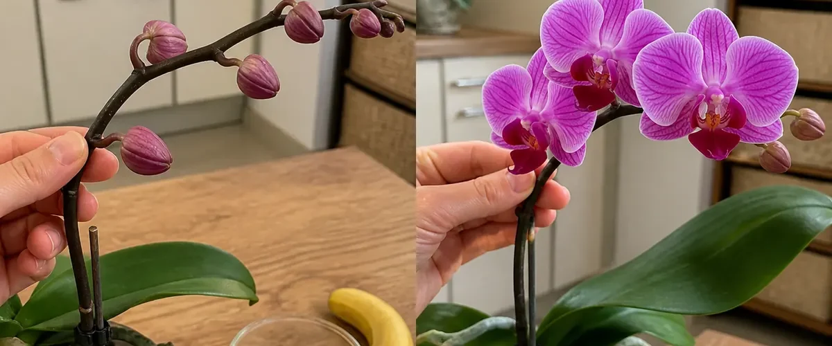 Closed orchid buds before a stable full flower cascade afterward