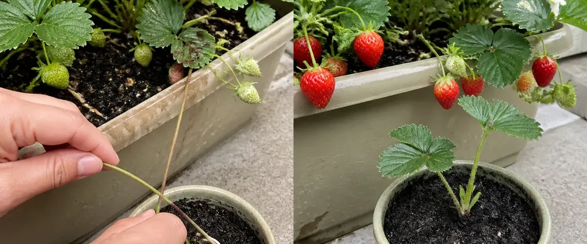 Strawberry crowns and runner before fruit and a rooted daughter afterward