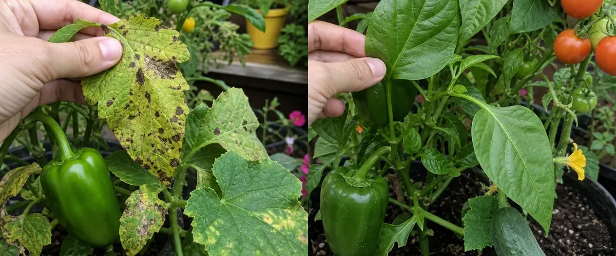 Spotted vegetable leaves before clean new foliage and developing fruit afterward