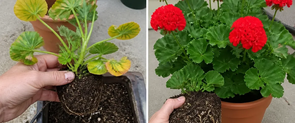 Yellow geranium beside mixed tonic before healthy green leaves and blooms afterward