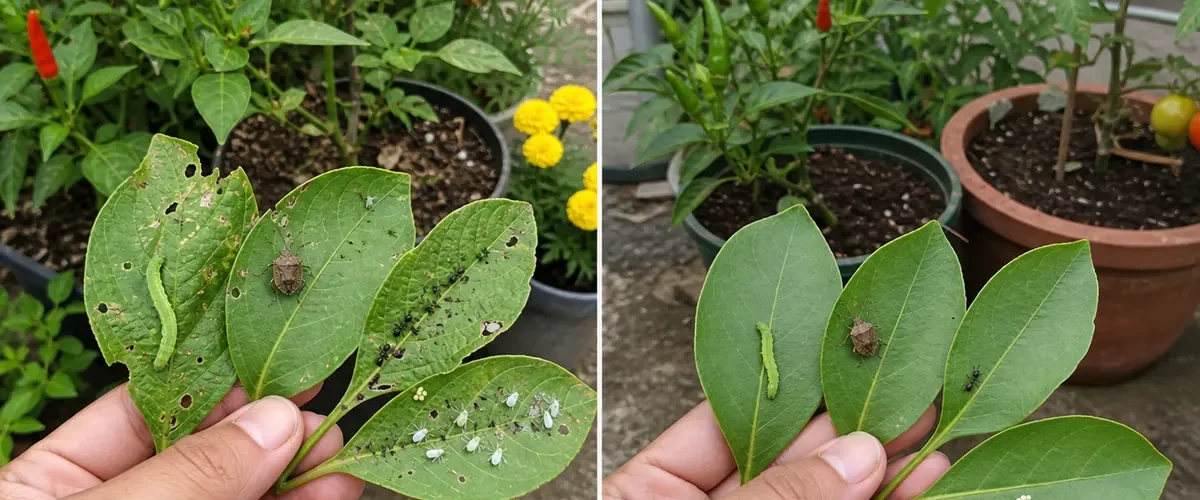 Four visible garden pests before healthy protected plants afterward