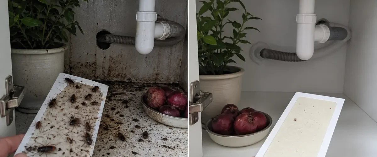 Damp bathroom with cockroaches before a dry sealed room afterward