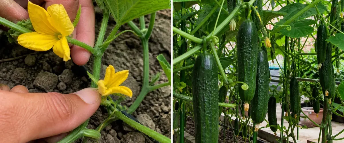 Weak cucumber vine beside homemade tonic before a fruit-loaded trellis afterward