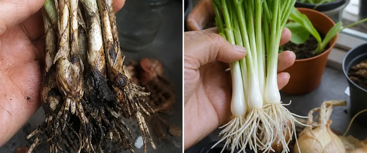Wilted houseplants beside onion water before healthy varied growth afterward