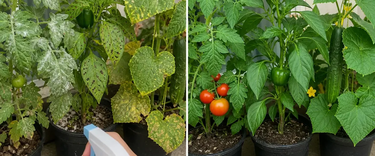 Spotted vegetable leaves before clean foliage and harvest afterward
