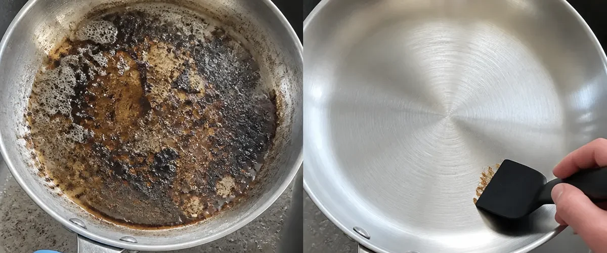 Crusted pan before a clean intact surface after one hot detergent soak