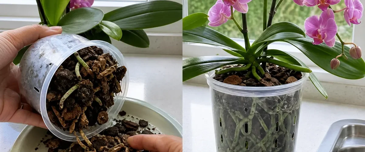 Blocked orchid roots before airy roots and seasonal flowers afterward