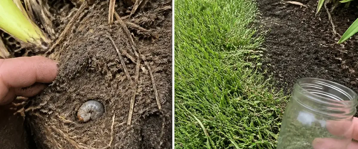 Unidentified broadleaf rosette in compacted soil before a managed healthy yard afterward
