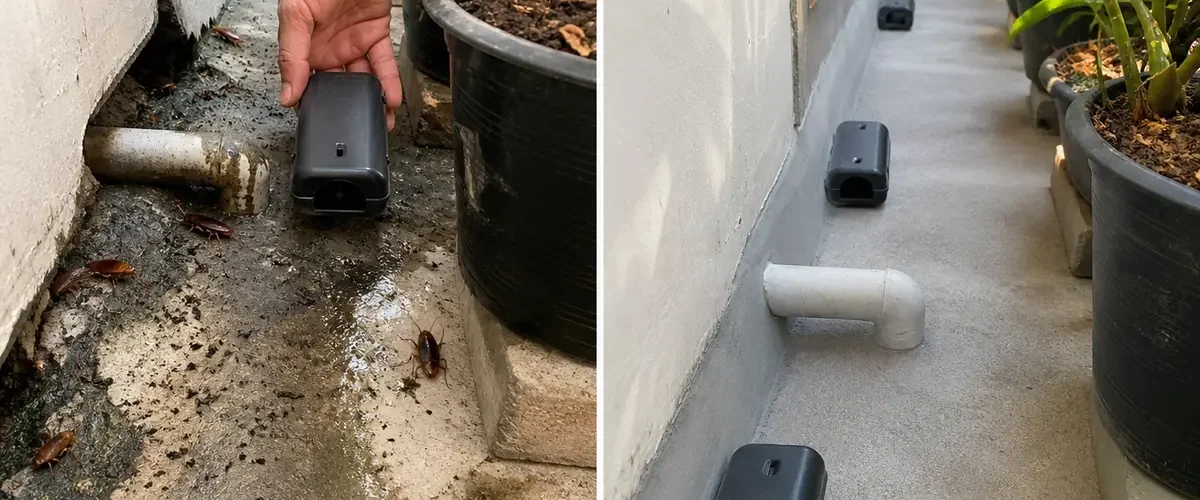 Visible bathroom cockroaches before a dry sealed room afterward