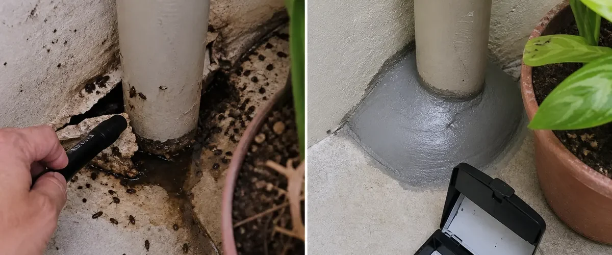 Cockroaches near vinegar mop water before and dry sealed monitored kitchen afterward