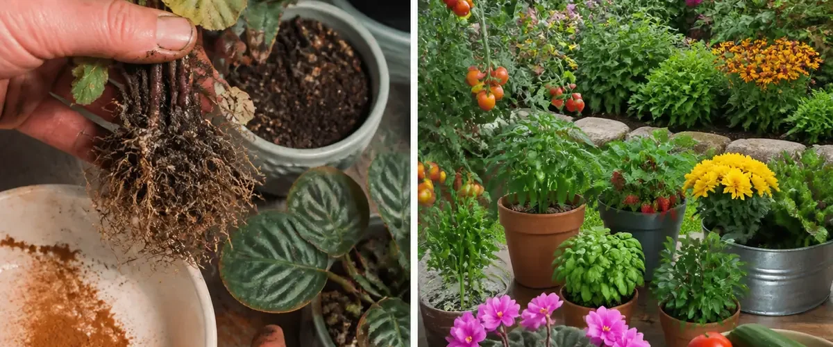Cinnamon-dusted bloomless plants before overlapping seasonal flowers afterward