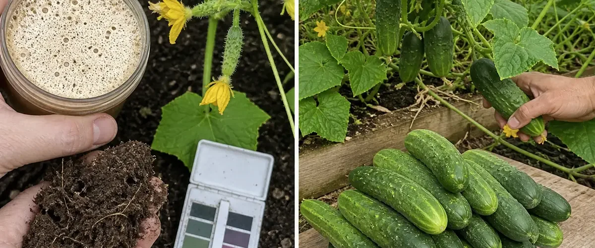 Foamy cucumber yeast brew before and healthy vines after balanced nutrition