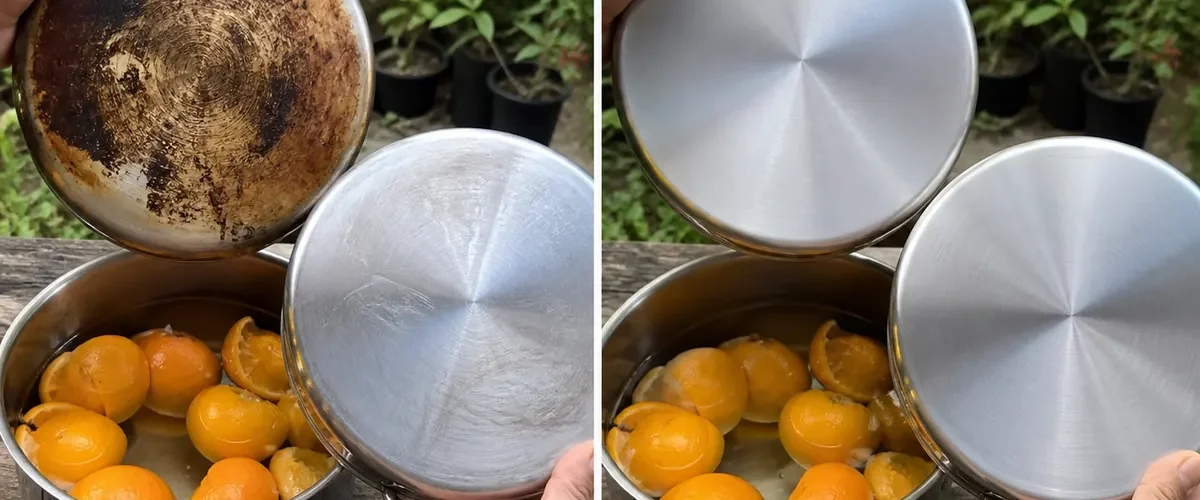 Salty orange degreaser mixture before and safely cleaned cookware afterward
