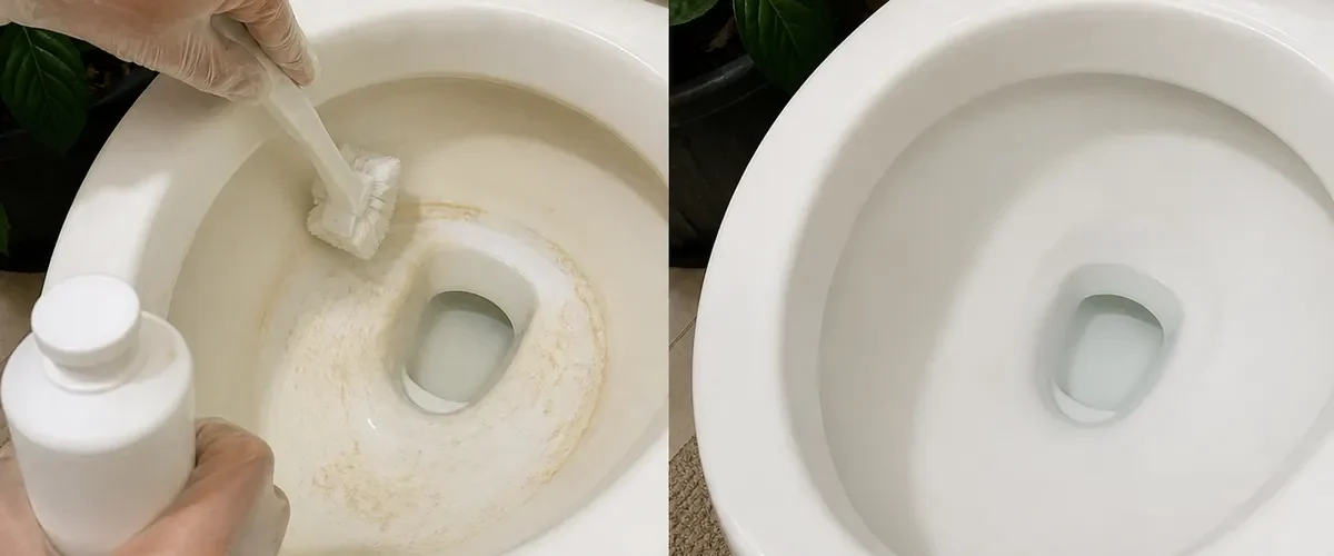 Yellow toilet limescale ring before clean porcelain afterward
