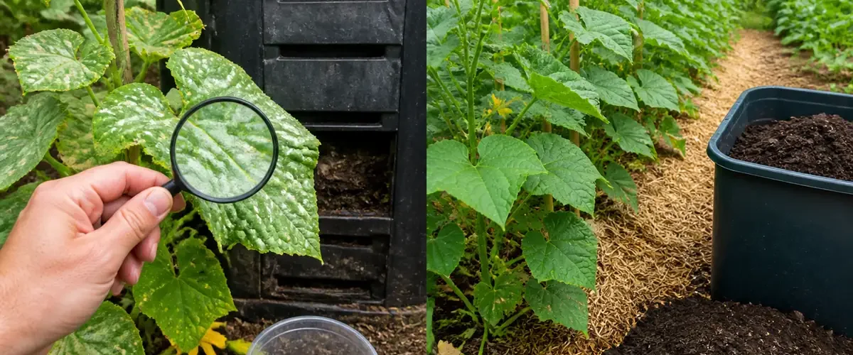 Diagnosed garden problems before healthy leaves soil and compost afterward