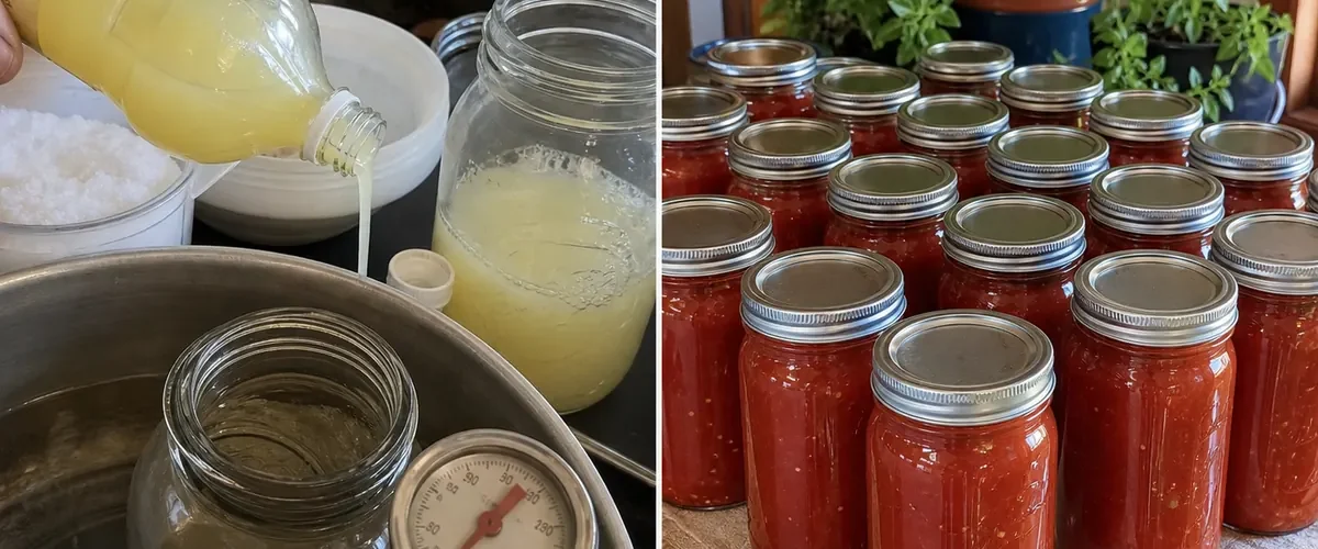 Unsafe unacidified tomato jars before a tested sealed canning batch afterward