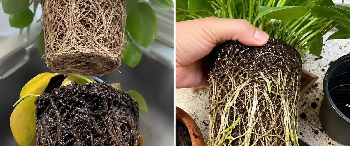 Collapsed orchid during root diagnosis before firm leaves and active roots afterward