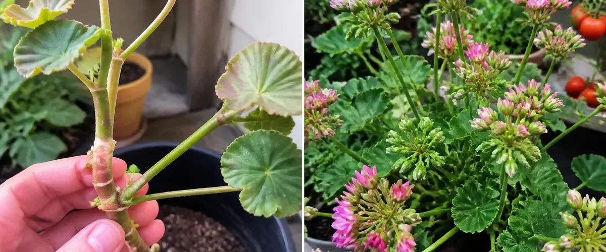 Leggy geranium beside potato tonic before compact branching and many buds afterward